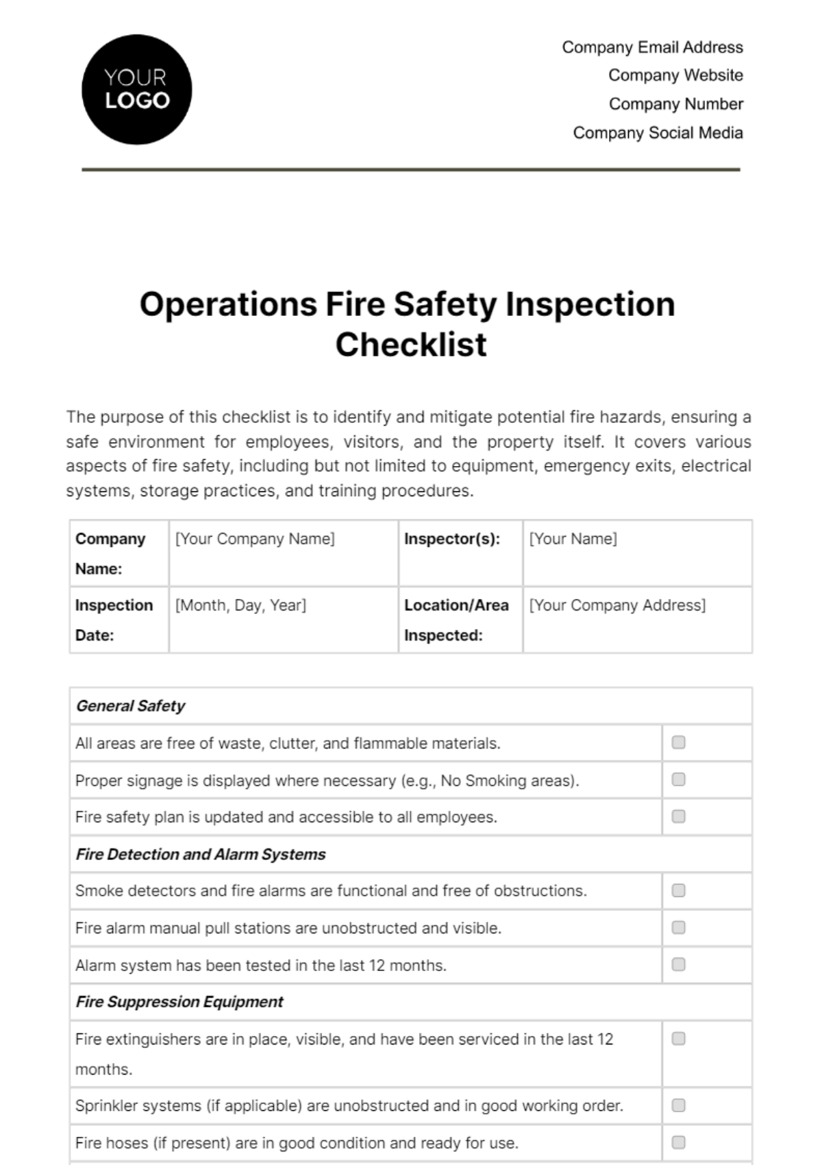 Free Operations Fire Safety Inspection Checklist Template To Edit 