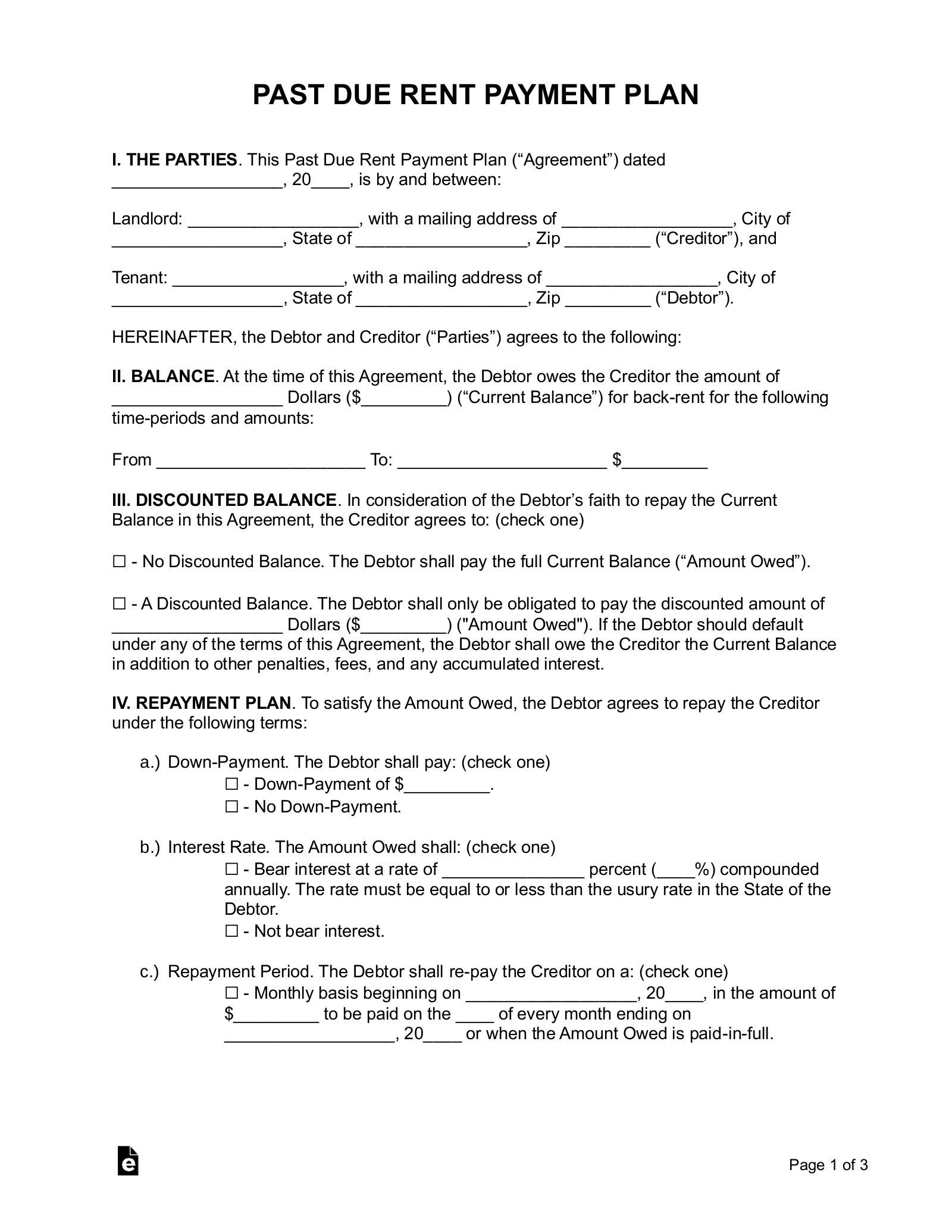 Free Past Due Rent Payment Plan Agreement PDF Word EForms