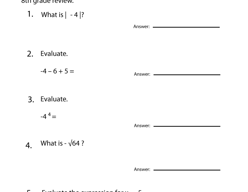 Free Printable 8th Grade Math Review Worksheet
