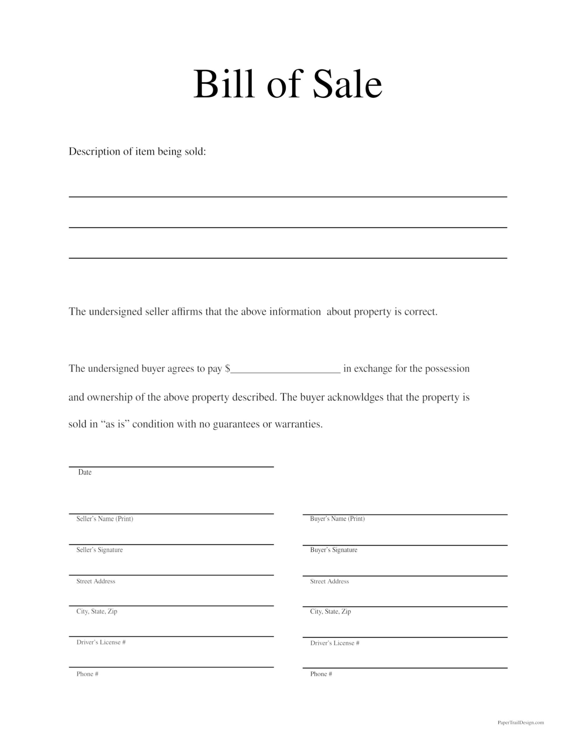 auto bill of sale form printable