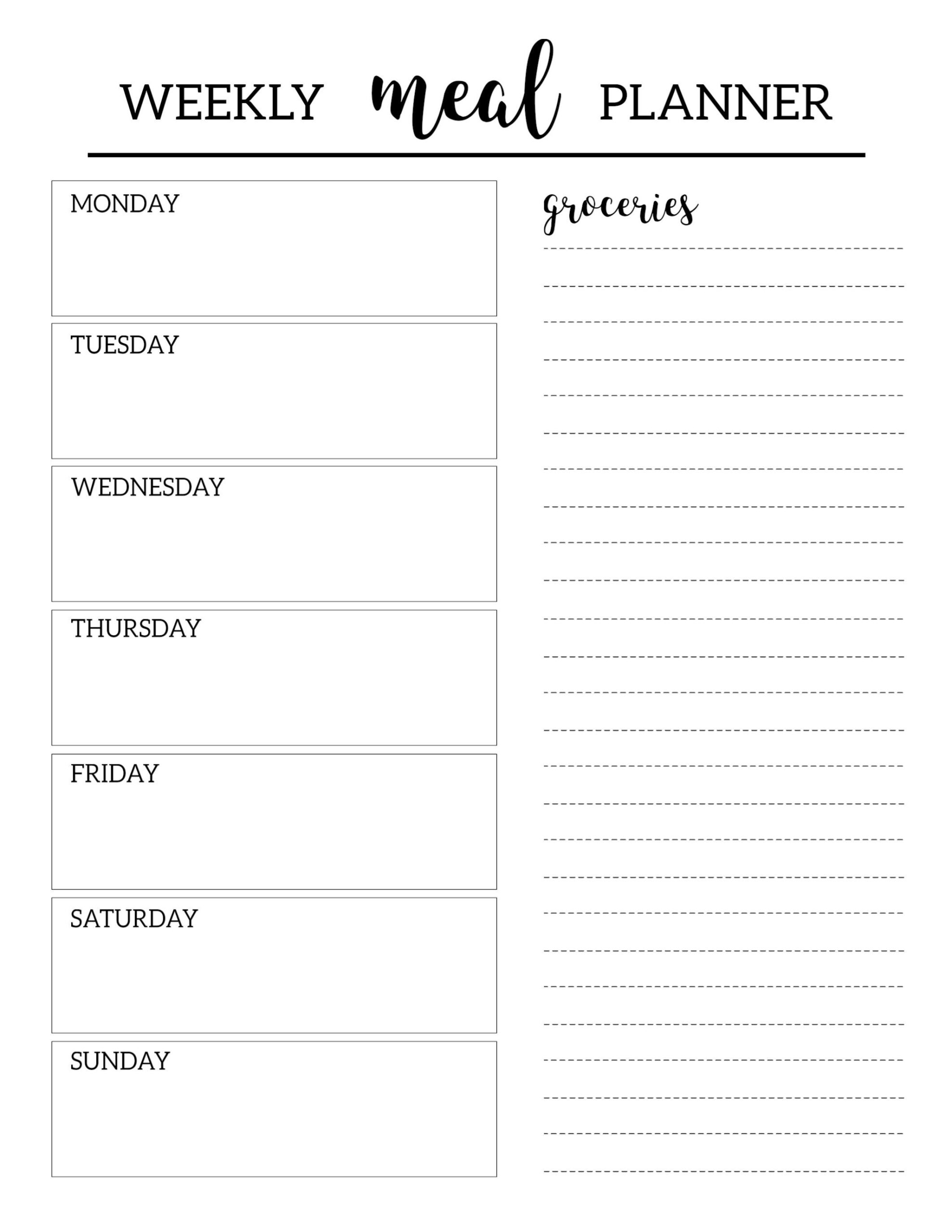 printable weekly menu templates