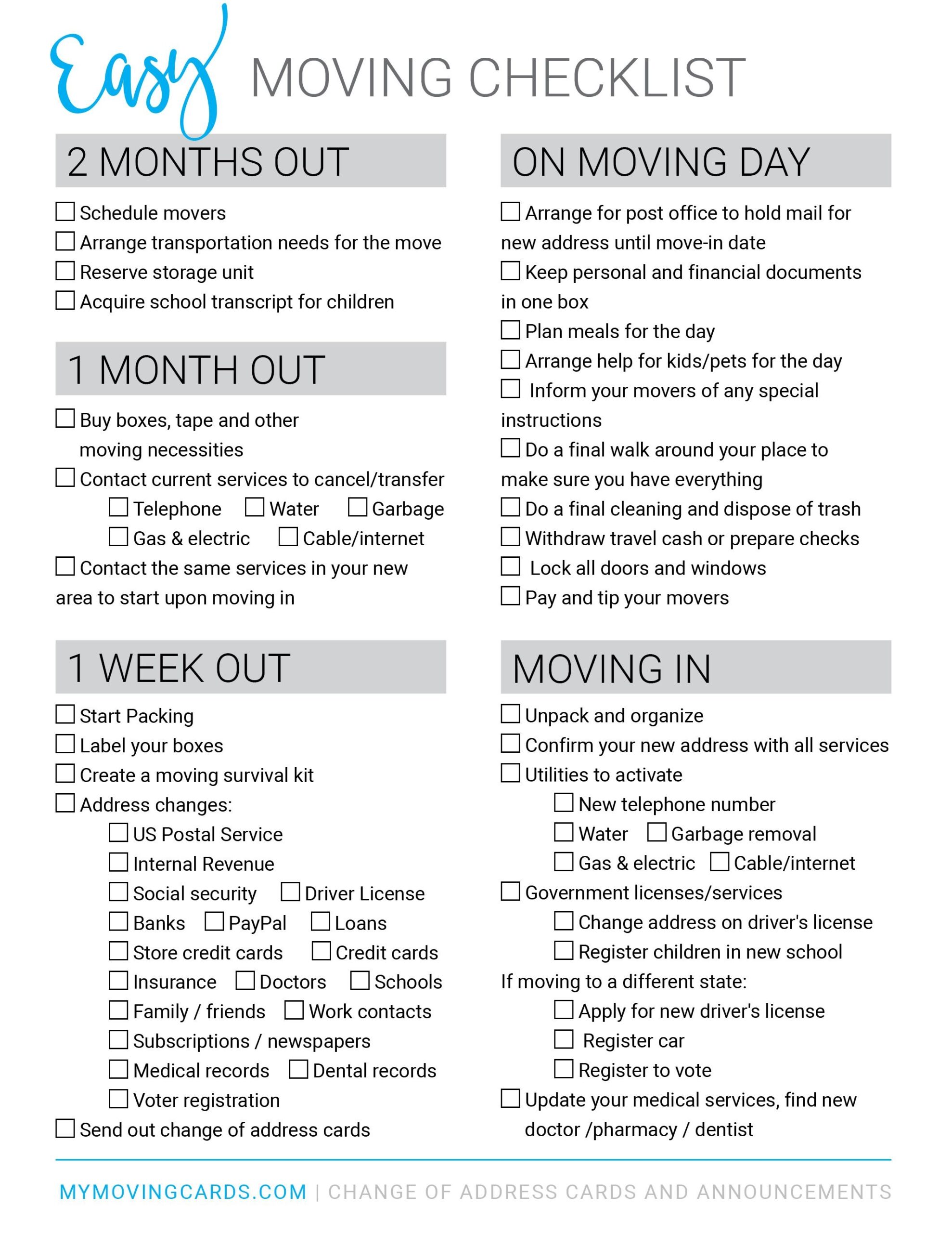printable moving out of state checklist