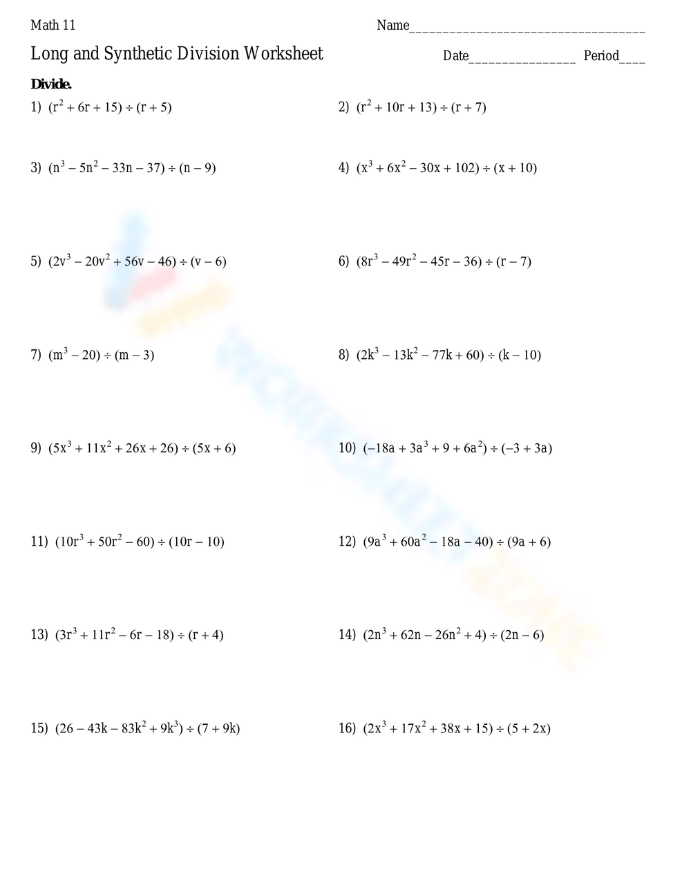 Free Printable Polynomial Long Division Worksheets Worksheets Library