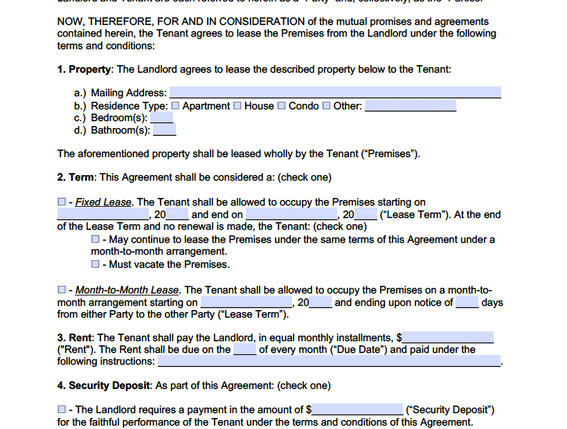 Free Rental Lease Agreement Templates PDF Word