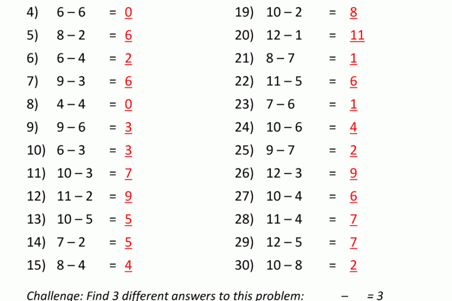 Free Subtraction Worksheets To 12