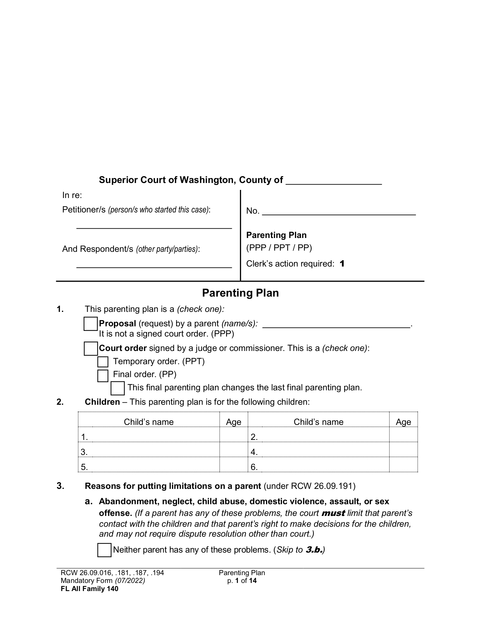 parenting plan template wa