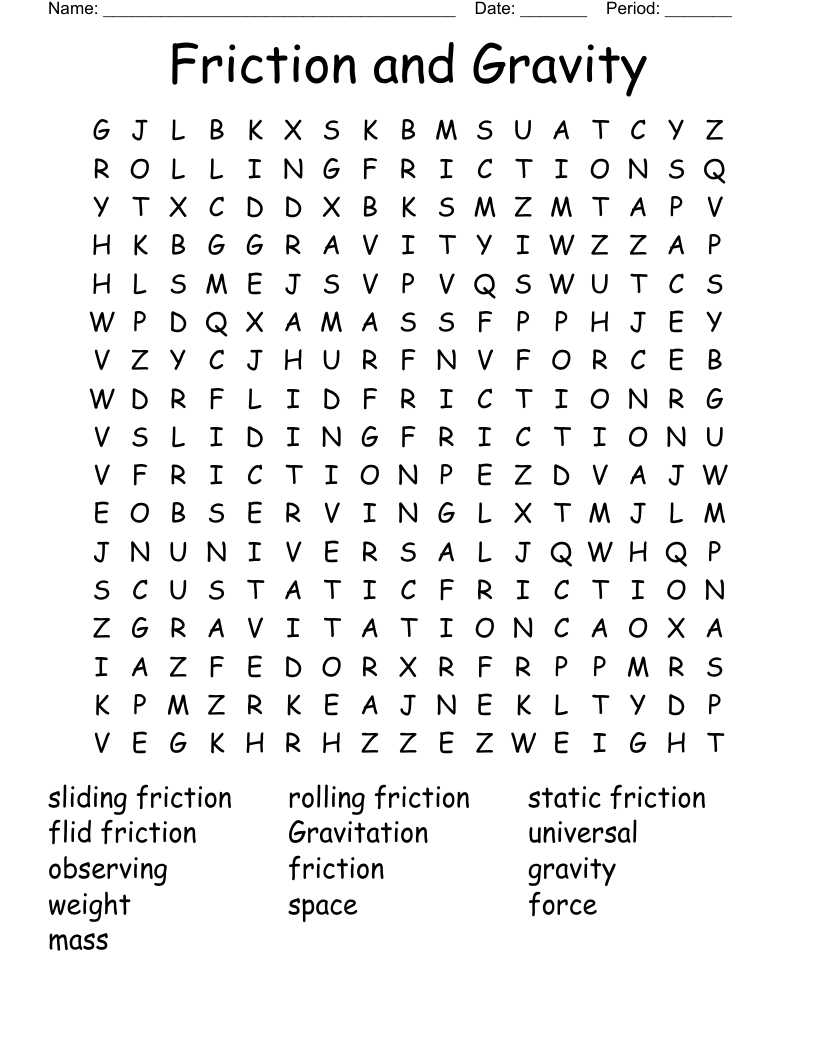 Friction And Gravity Word Search WordMint