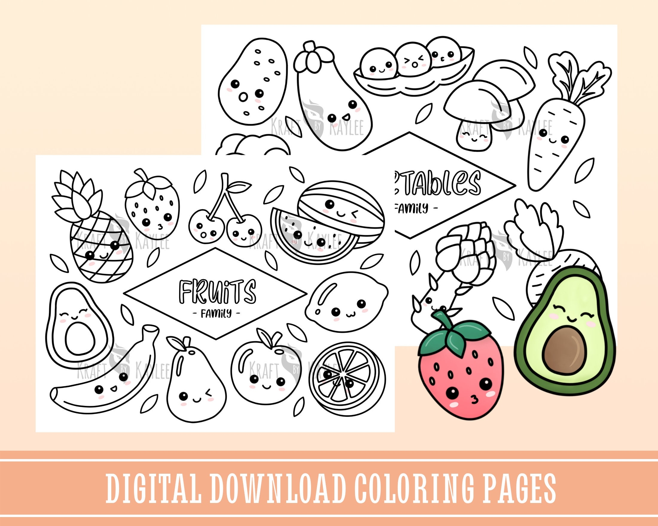 Fruits And Vegetables Coloring Pages set Of 2 Cute Kawaii 