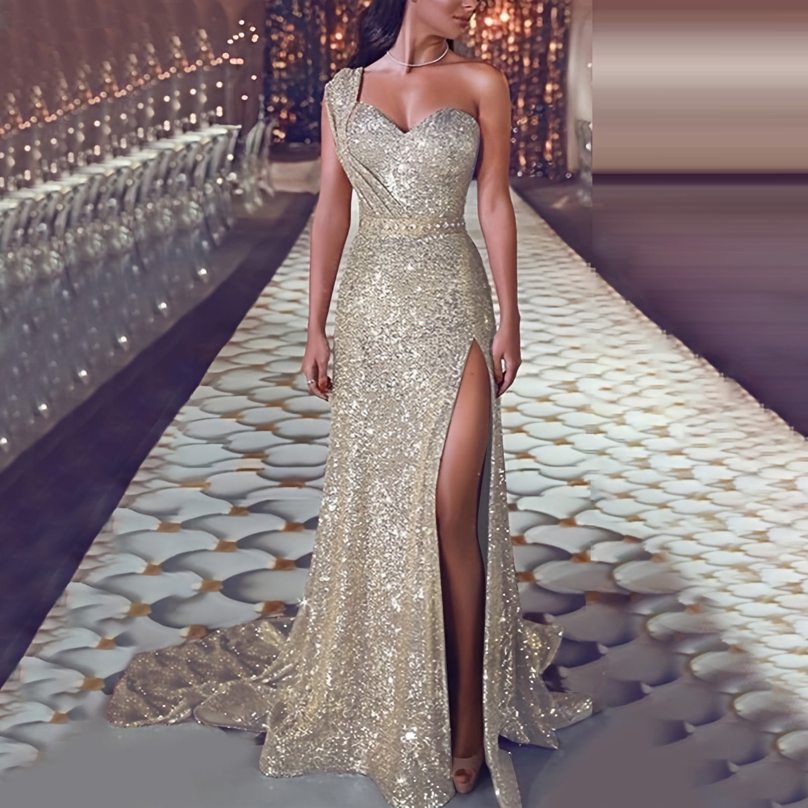 Fulijie Women Sequin Prom Party Gown Sexy Gold Evening Bridesmaid V Neck Long Dress Gold
