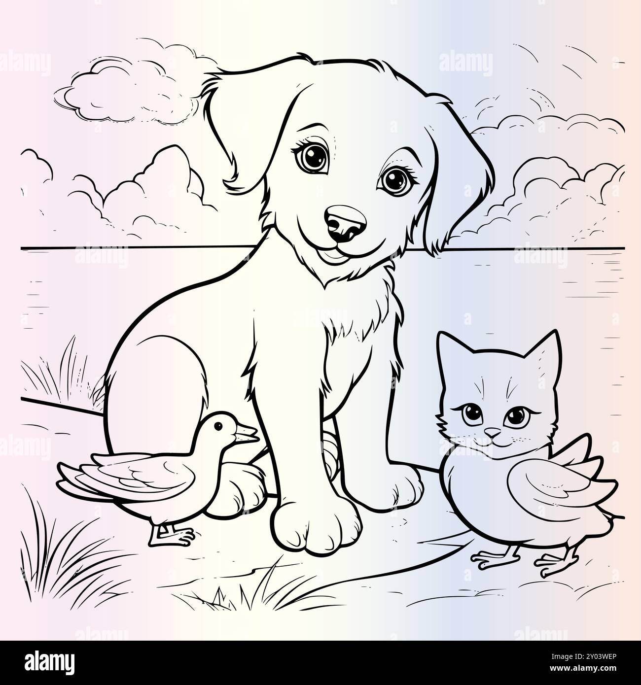 Funny Kitten Duck Dog And Cat Coloring Pages Drawing For Kids 