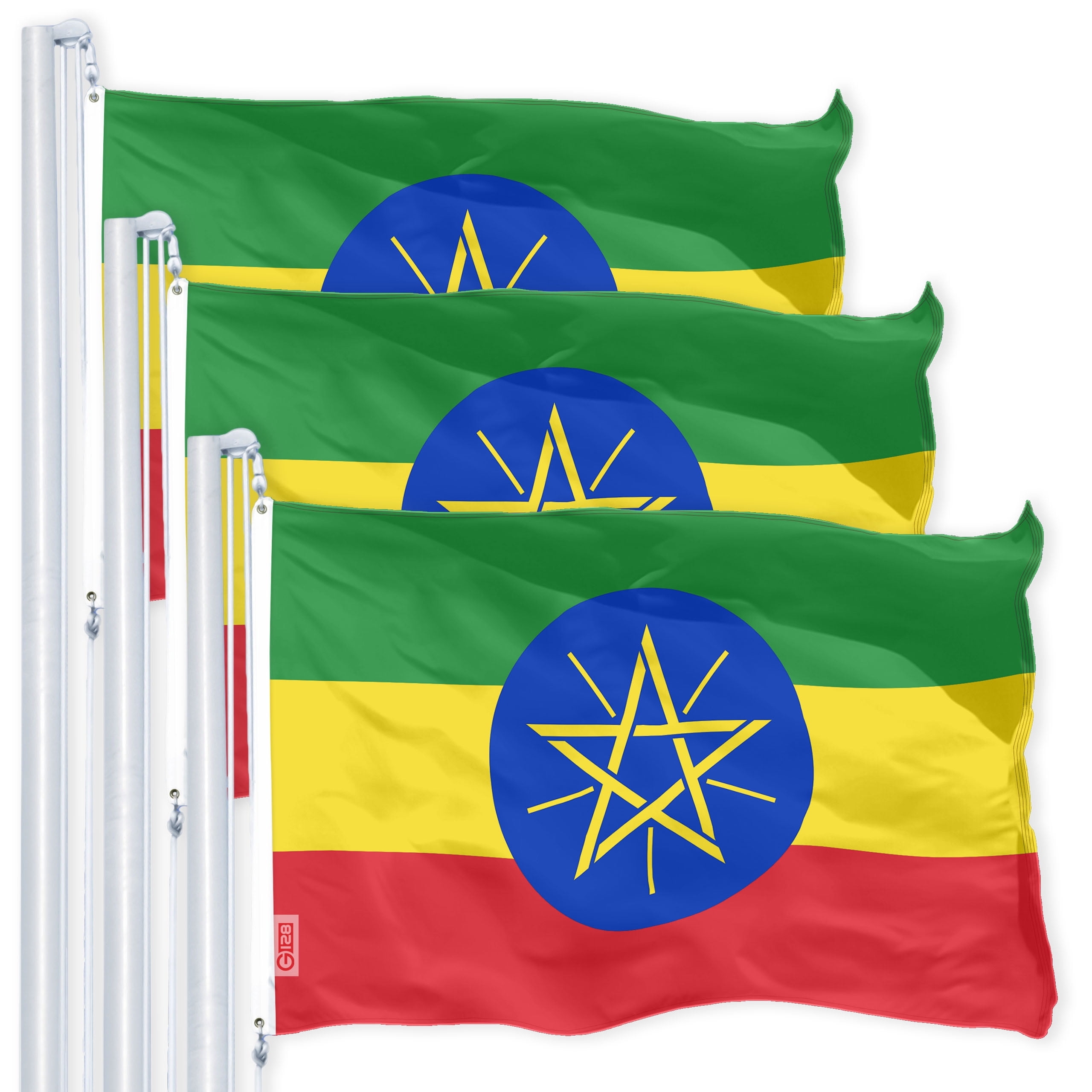 G128 3 Pack Ethiopia Ethiopian Flag 3x5 Feet Printed 150D 