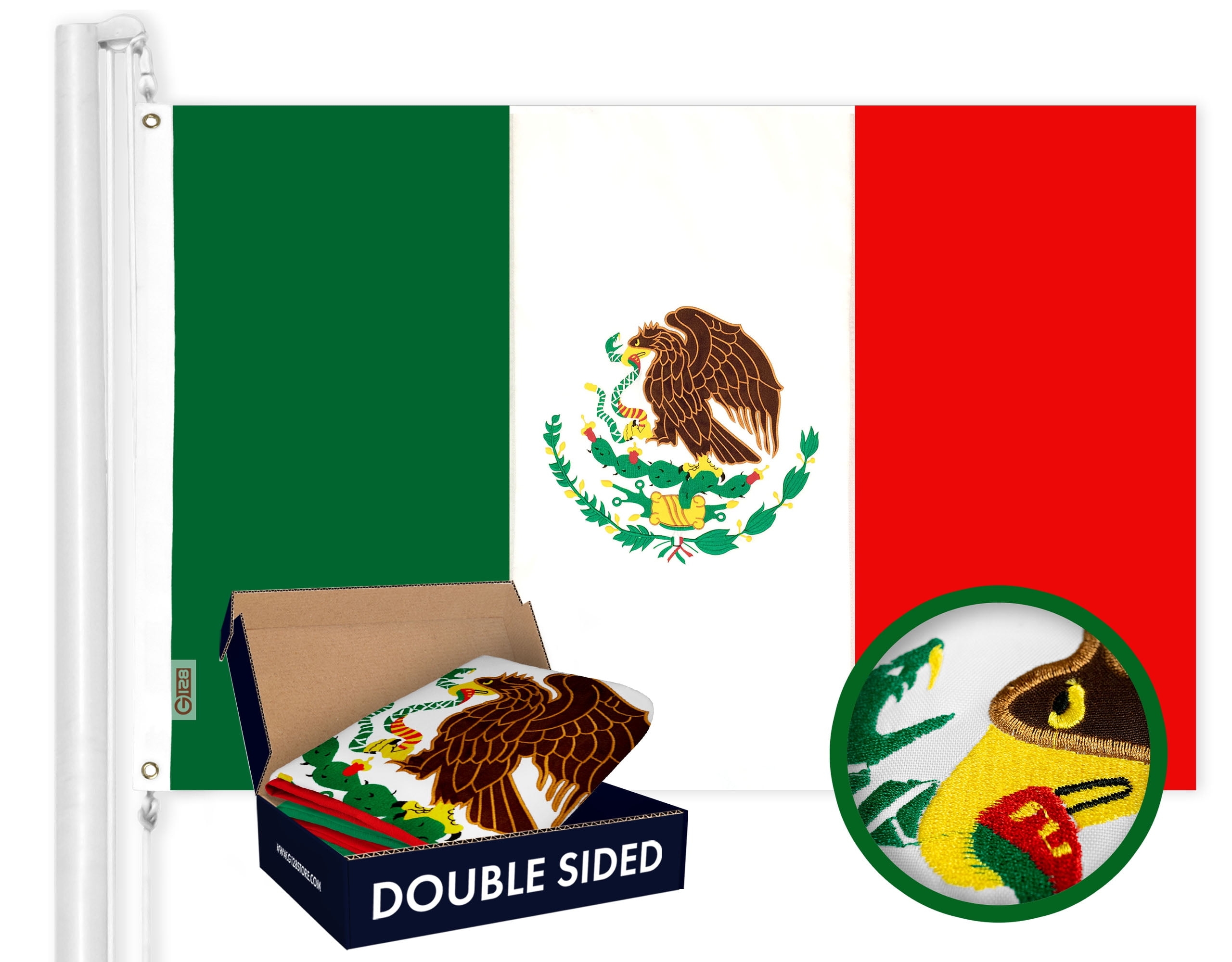 G128 3x5ft Heavy Duty Double Sided Embroidered Mexican Flag With 