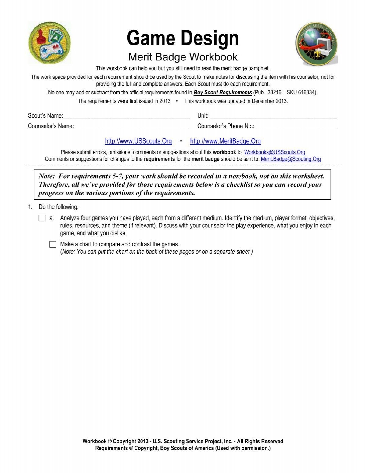 Game Design Worksheet US Scouting Service Project