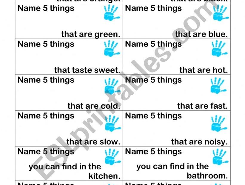 GAME Name 5 Things ESL Worksheet By Jitkal