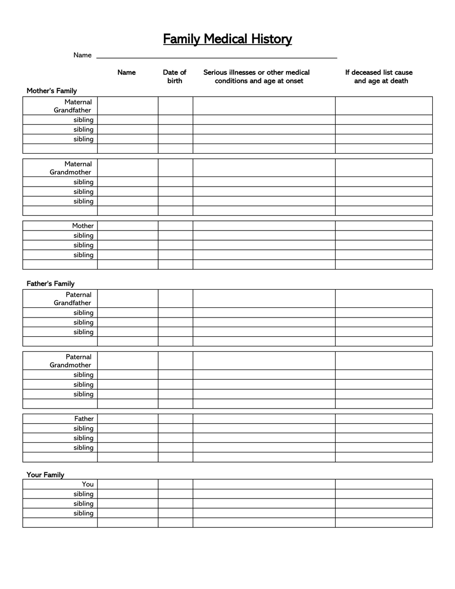 General Medical History Forms 100 Free Word PDF 