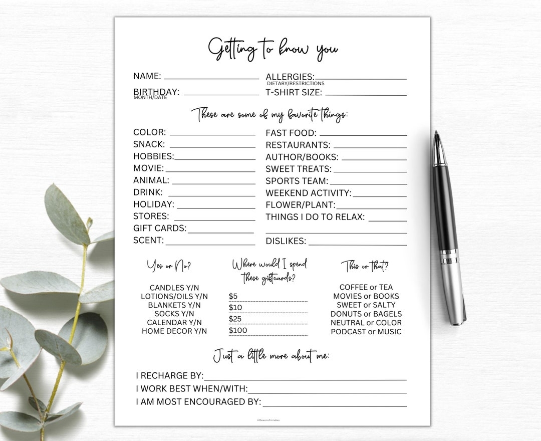 Getting To Know You Printable Coworker Questions All About Me Survey Employee Favorite Things Survey Get To Know My Team Survey Etsy