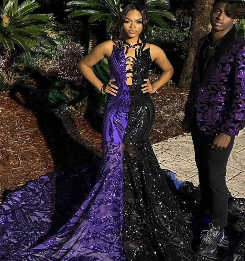 Glitter Sequined Mermaid Prom Purple Prom Dress Modern Black And 