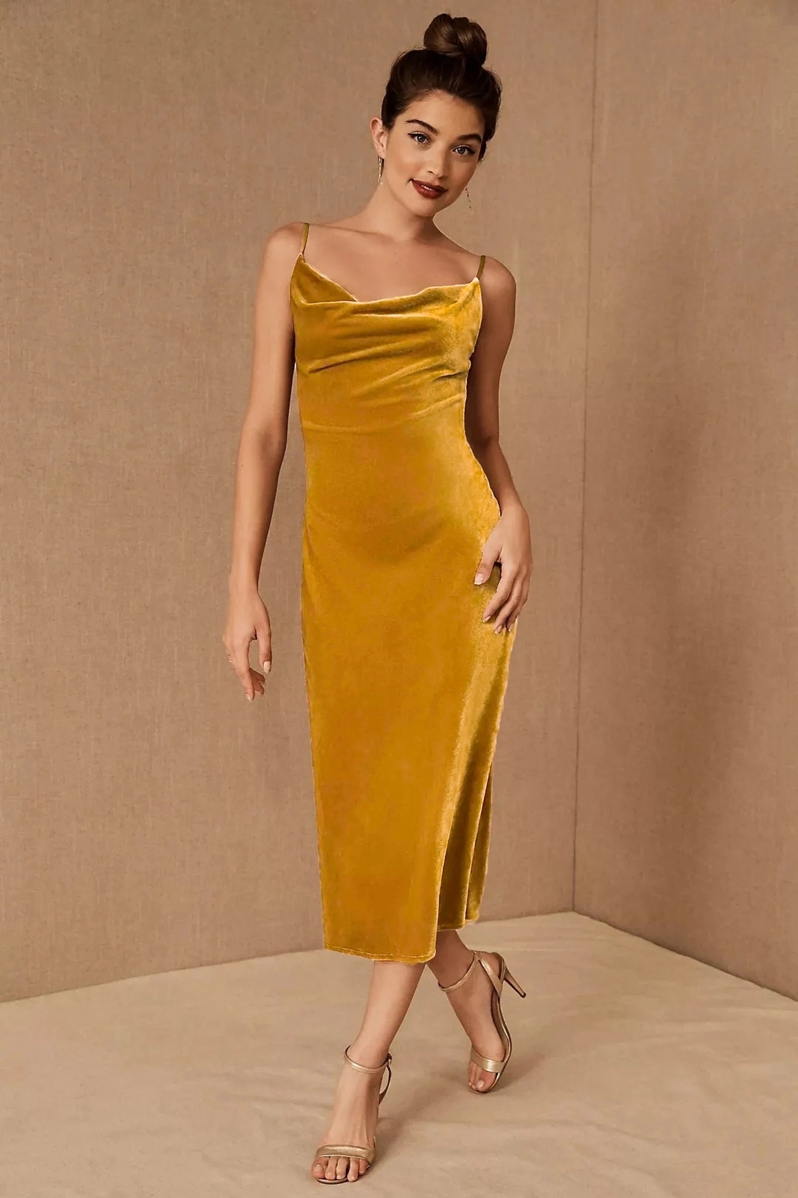 Gold Color Velvet Dress Bridesmaid Dresses Bridesmaid Dress Long Dress Party Dress Midi Dress Wedding Dress Maxi Dress Free Custom