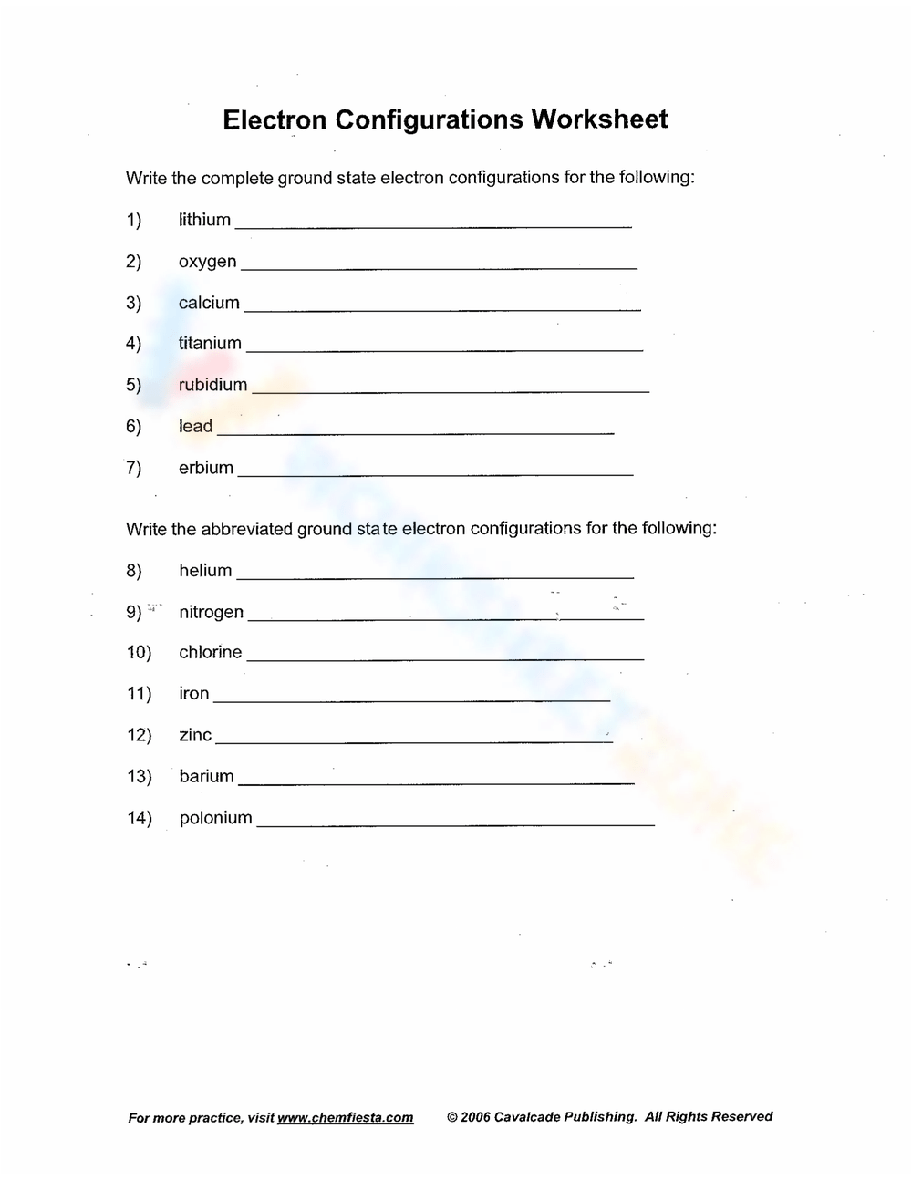 electron configurations worksheet