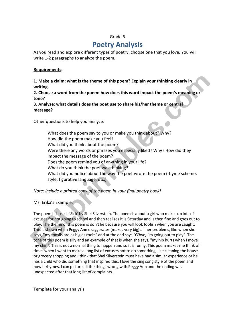 Grade 6 Poetry Analysis ESL Worksheet By Erika chapman