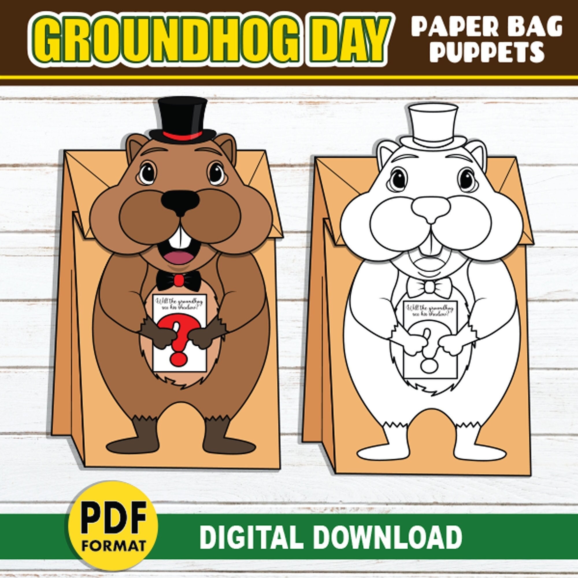 Groundhog Paper Bag Puppet Groundhog Day Activity Craft For Kids PRINTABLE DIY Puppet For Classroom Party Or Puppet Show Etsy