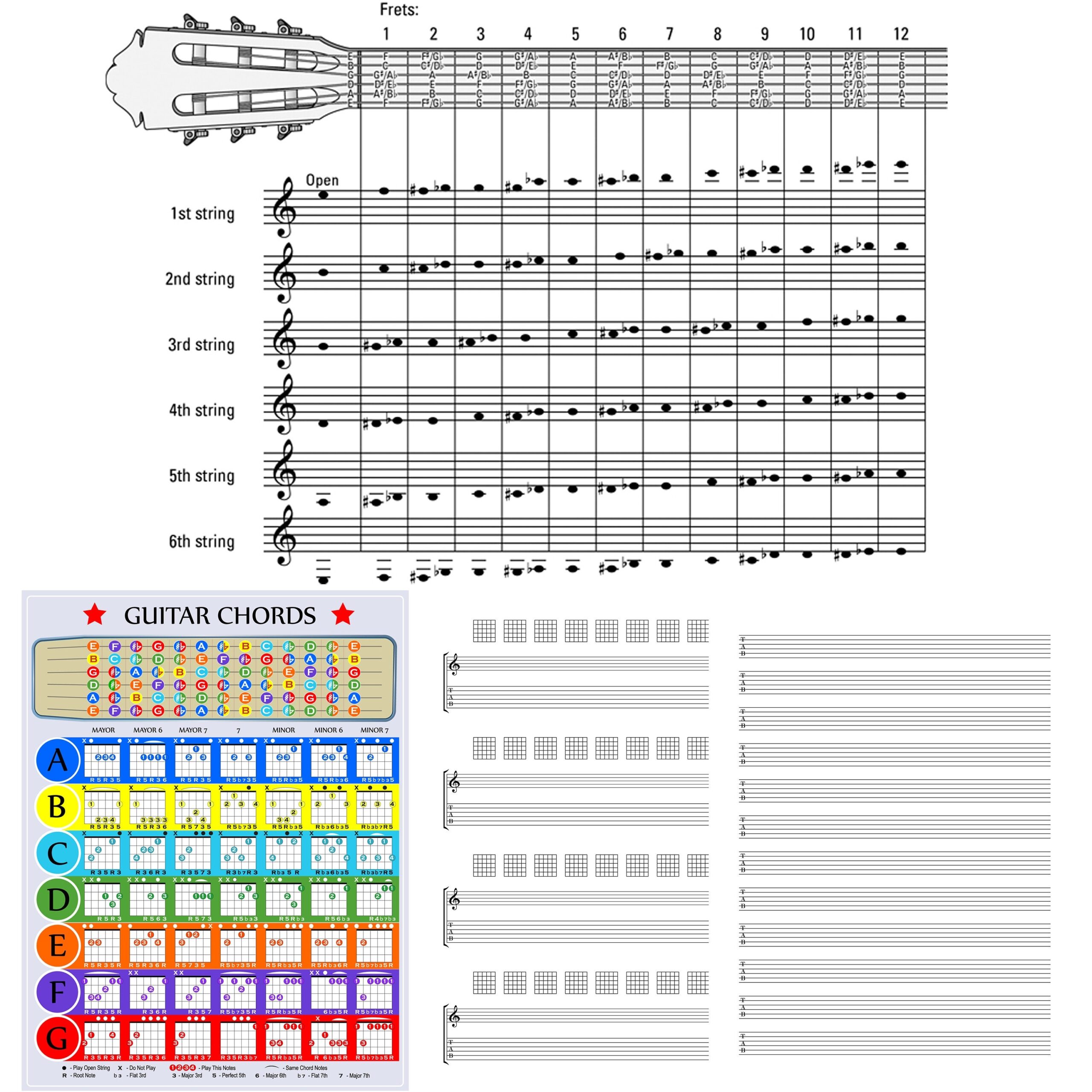 Guitar Sheets Guitar Fretboard Notes Learning Guide Major 