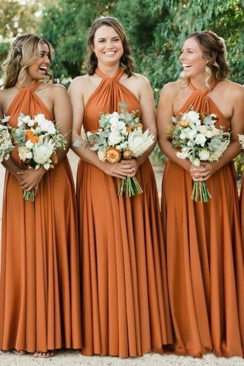 Halter Wedding Dress Rust Colored Bridesmaid Dresses Long Chiffon Skirt Pleated Floor Length Formal Dresses