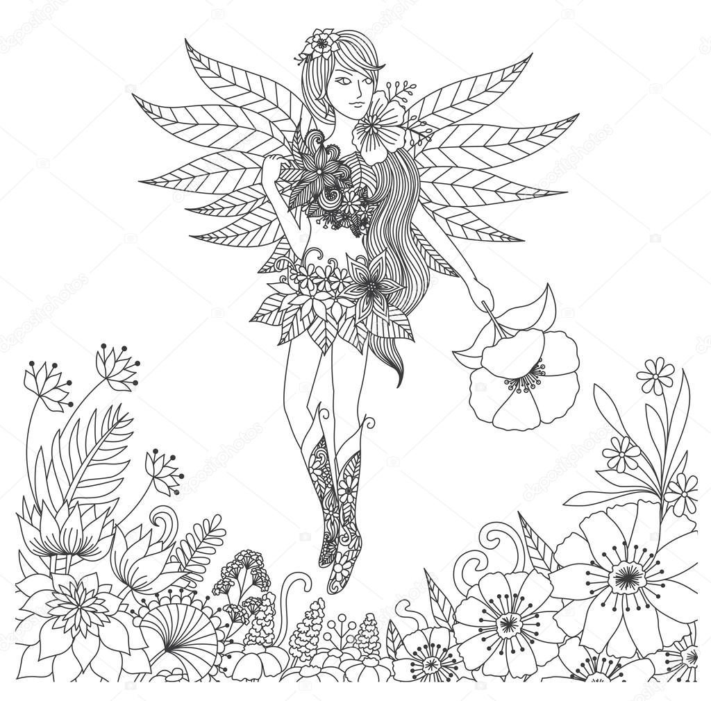 Hand Drawn Fairy Flying In Flower Land For Coloring Book For Adult Stock Vector By somjaicindy gmail 105761464