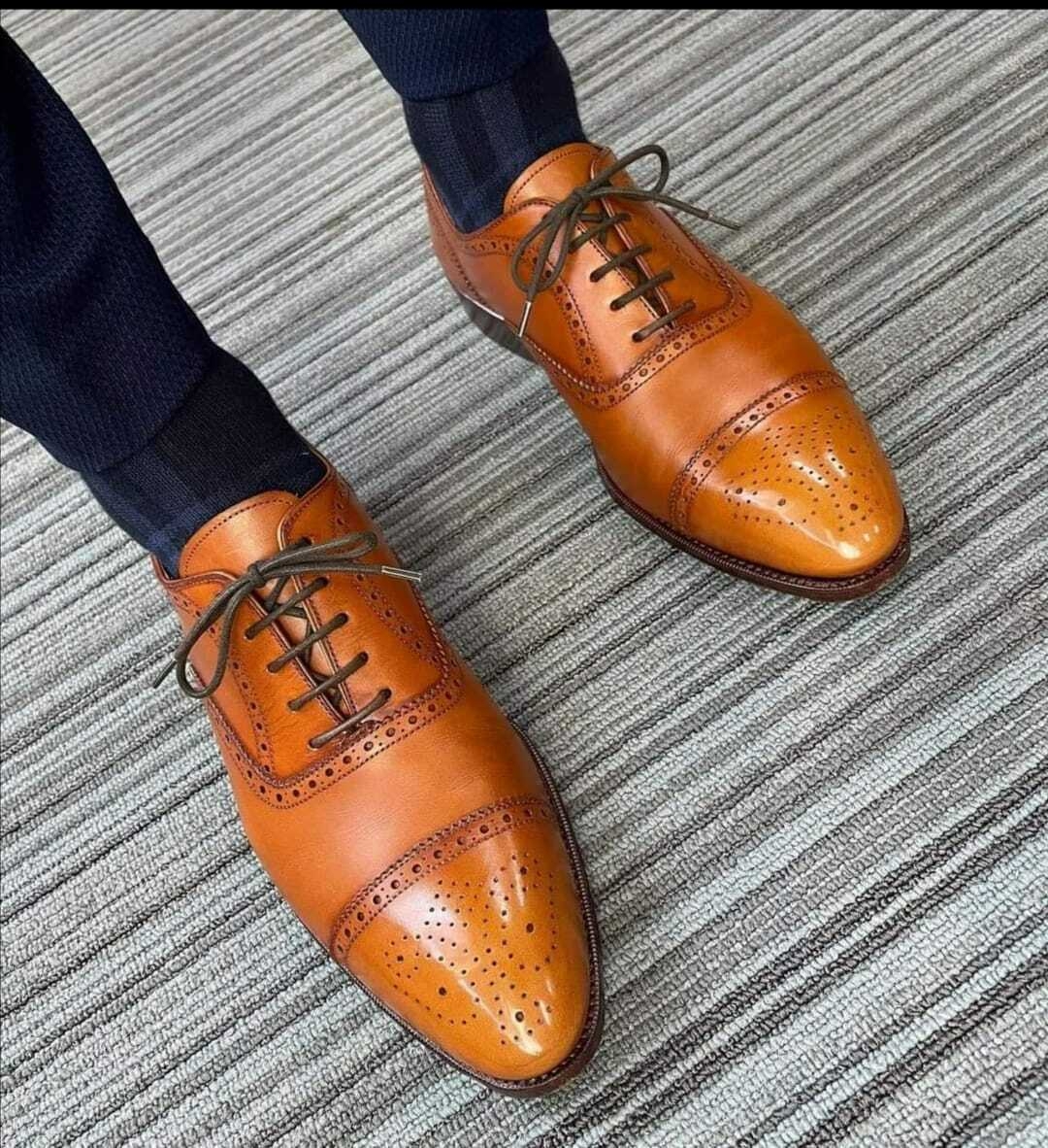 Handmade Men Tan Leather Brogue Dress Shoes Men s Shoes Fashion 