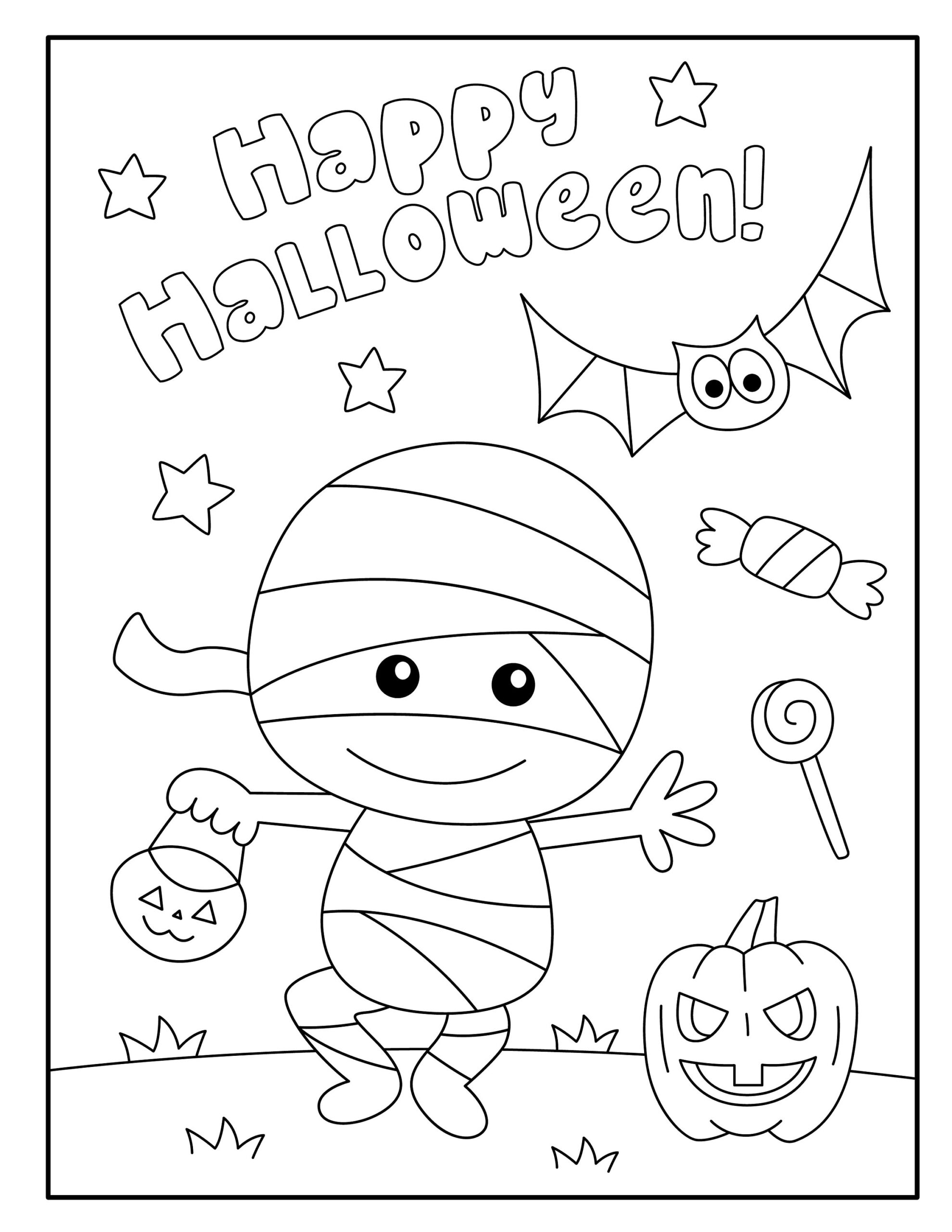 Happy Halloween Coloring Page For Kids Cute Mummy Bat U0026 Pumpkin Digital Download EPS Vector And JPG File Toddler Fun Activity Etsy Australia