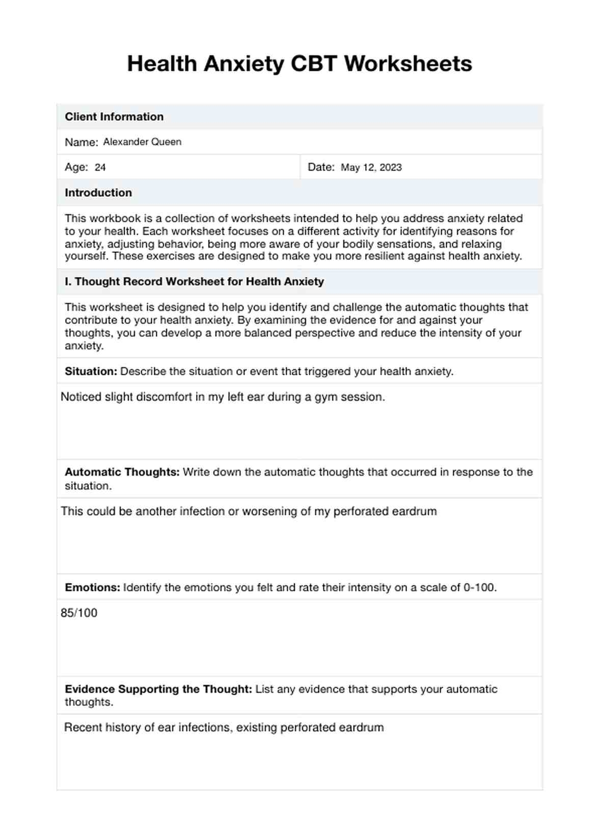 Health Anxiety CBT Worksheets U0026 Example Free PDF Download