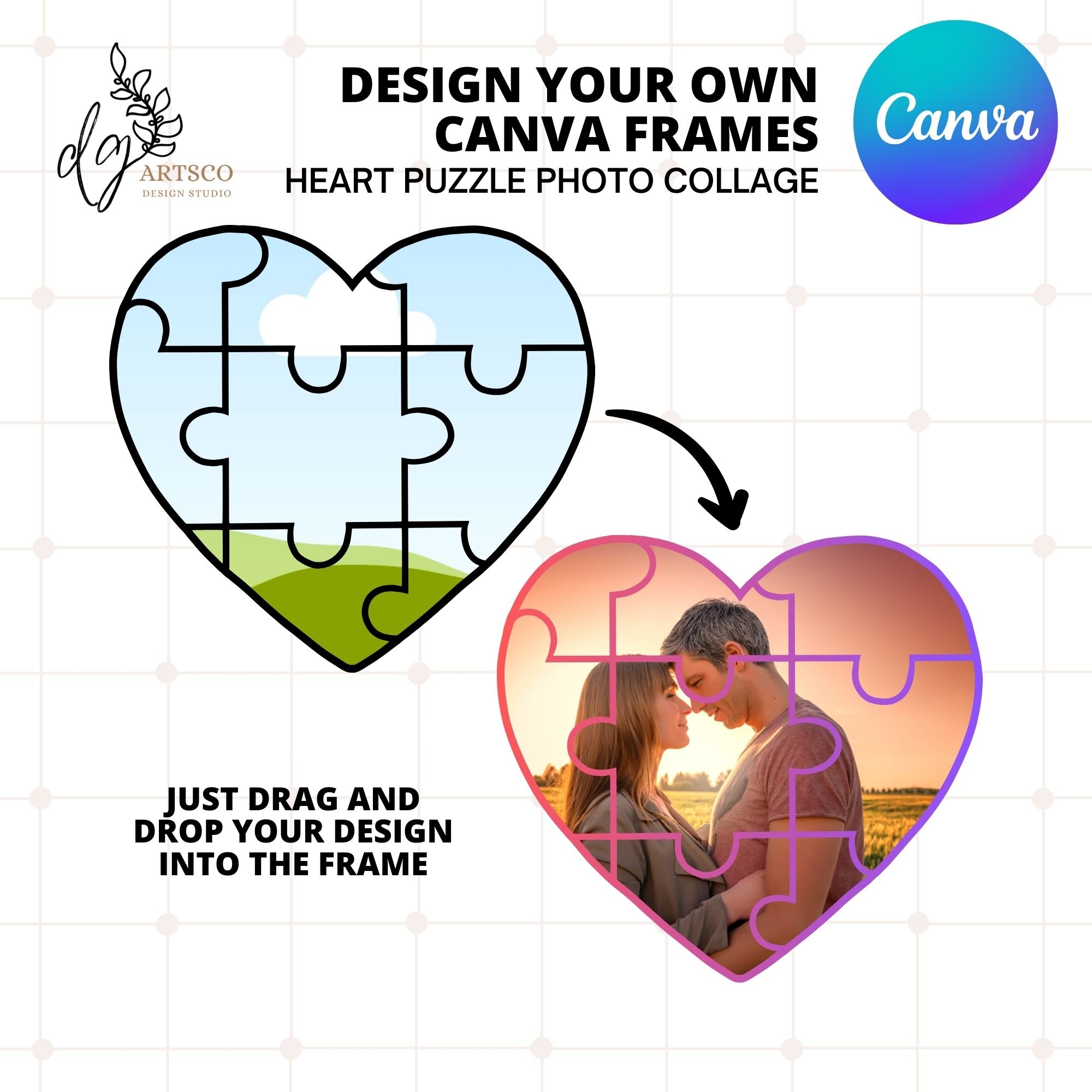 Heart Puzzle Photo Collage Custom Canva Frame Editable Template DGArtsCo