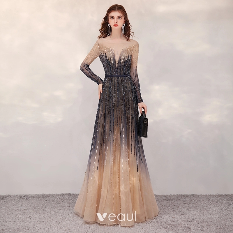 High end Navy Blue Gradient Color Champagne Evening Dresses 2020 A 