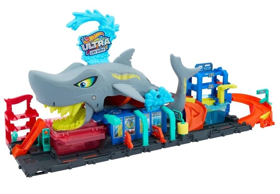 Hot Wheels City Track Set Ultra Shark Car Wash With 1 64 Scale Color Reveal Toy Vehicle Repeat Color Change Feature Storage