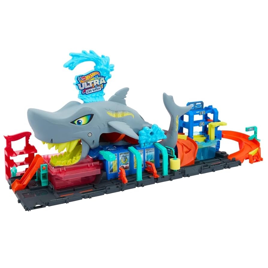Hot Wheels City Track Set Ultra Shark Car Wash With 1 64 Scale Color Reveal Toy Vehicle Repeat Color Change Feature Storage