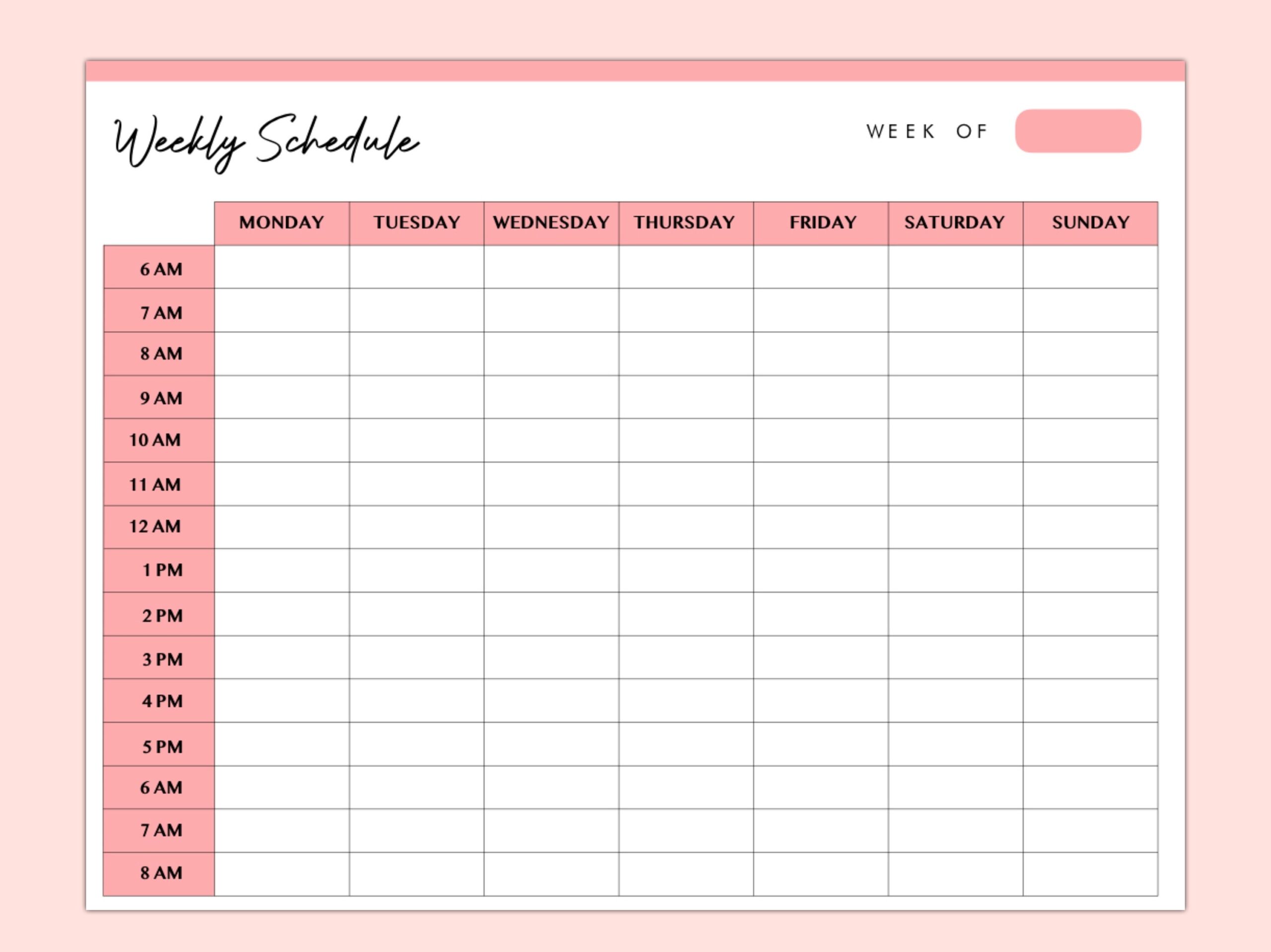 Hourly Weekly Schedule Landscape Weekly Planner Printable Weekly Organizer Weekly Agenda Desk Planner PDF Instant Download