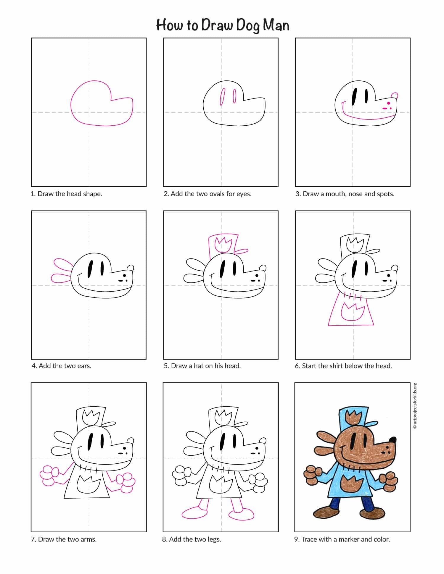 How To Draw Dog Man Easy Art Lesson For Kids