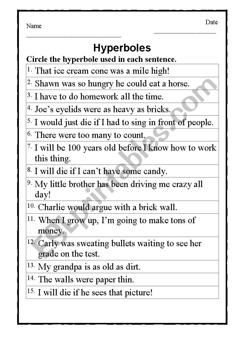 Hyperbole ESL Worksheet By JONAC Worksheets Library