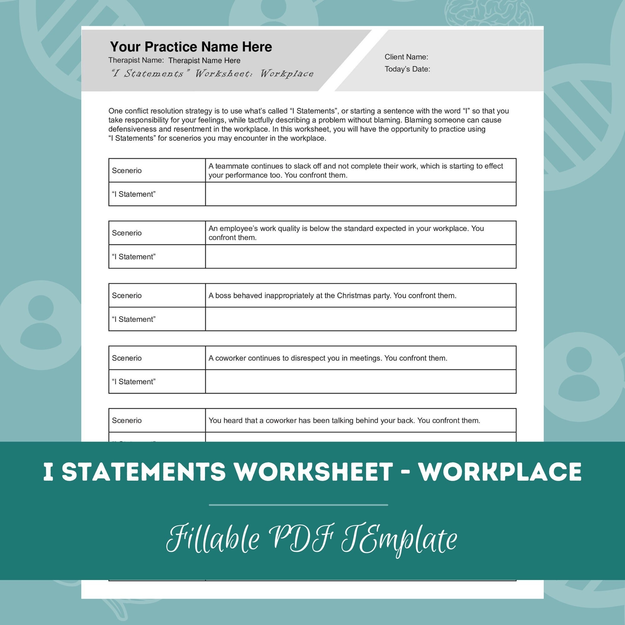 I Statements Worksheet For Workplace Editable Fillable PDF Template For Counselors Psychologists Social Workers Therapists Etsy