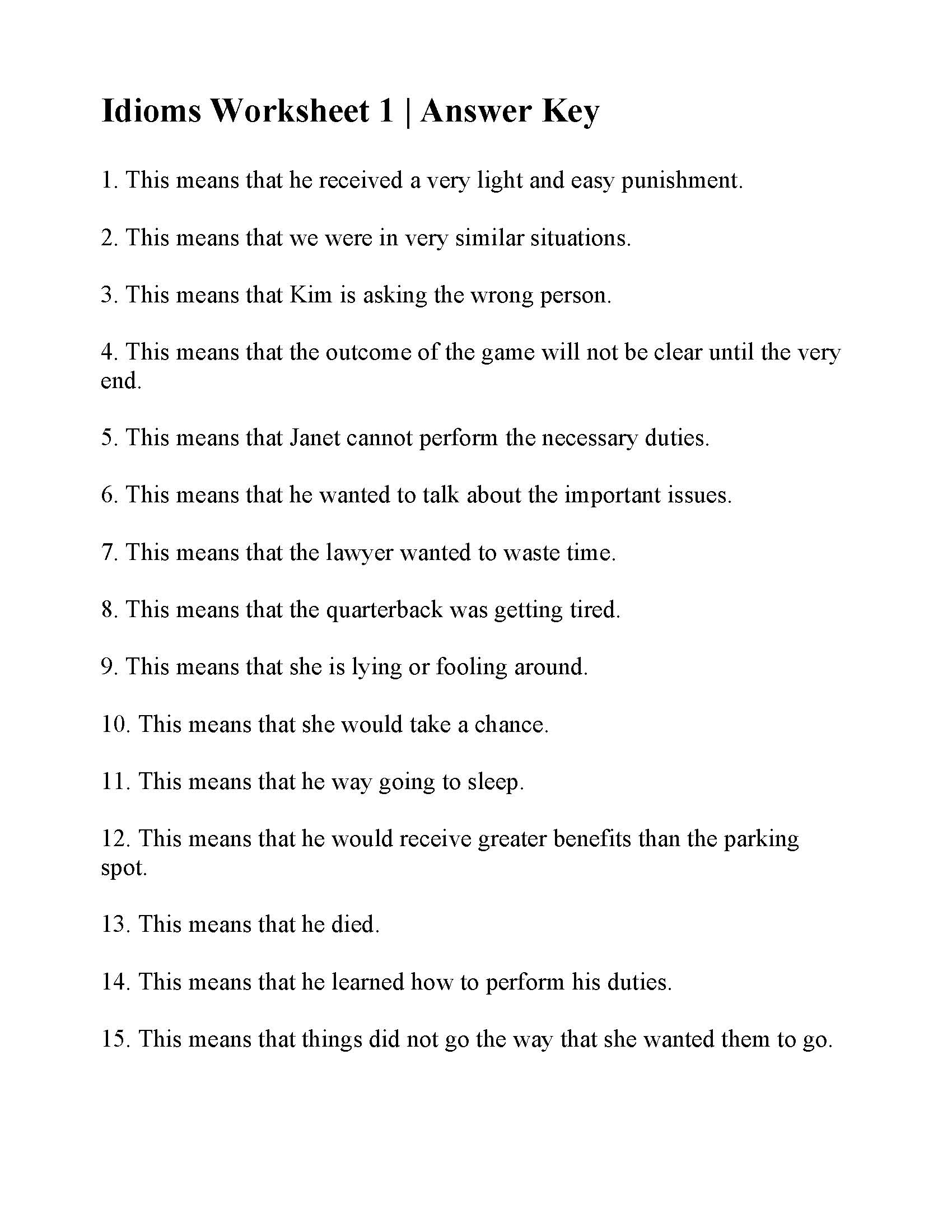 Idiom Worksheet 1 Reading Activity