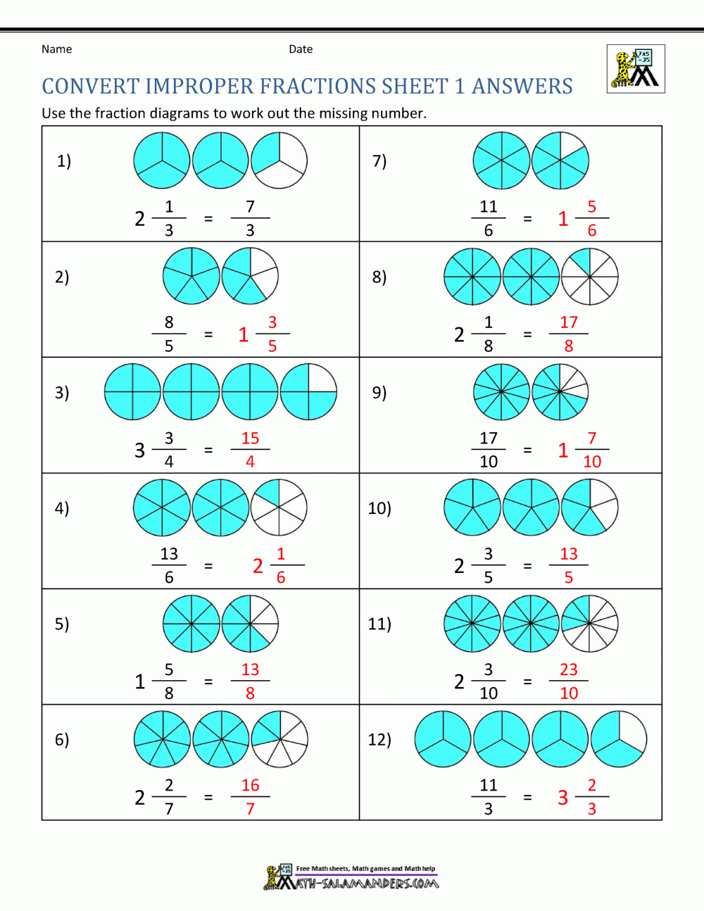 Improper Fraction Worksheets