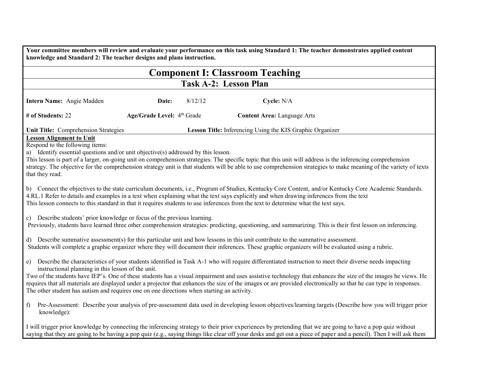 Inferencing Lesson Plan 4th Grade Language Arts