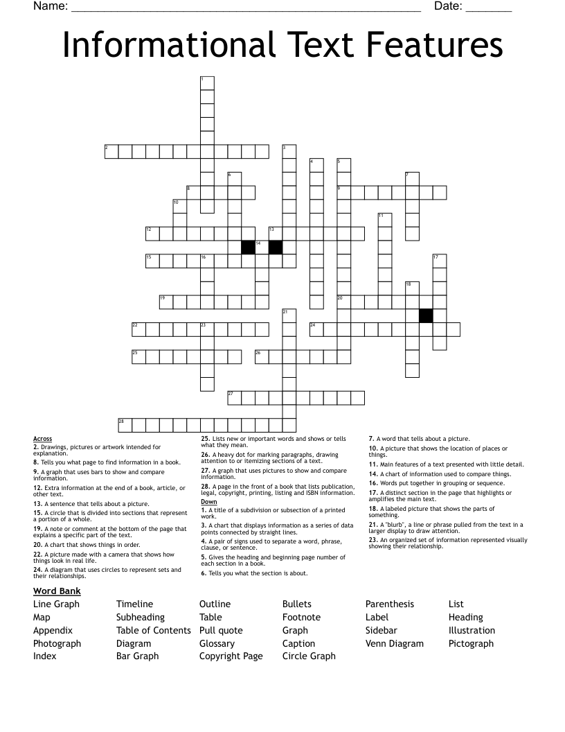 Informational Text Features Crossword WordMint