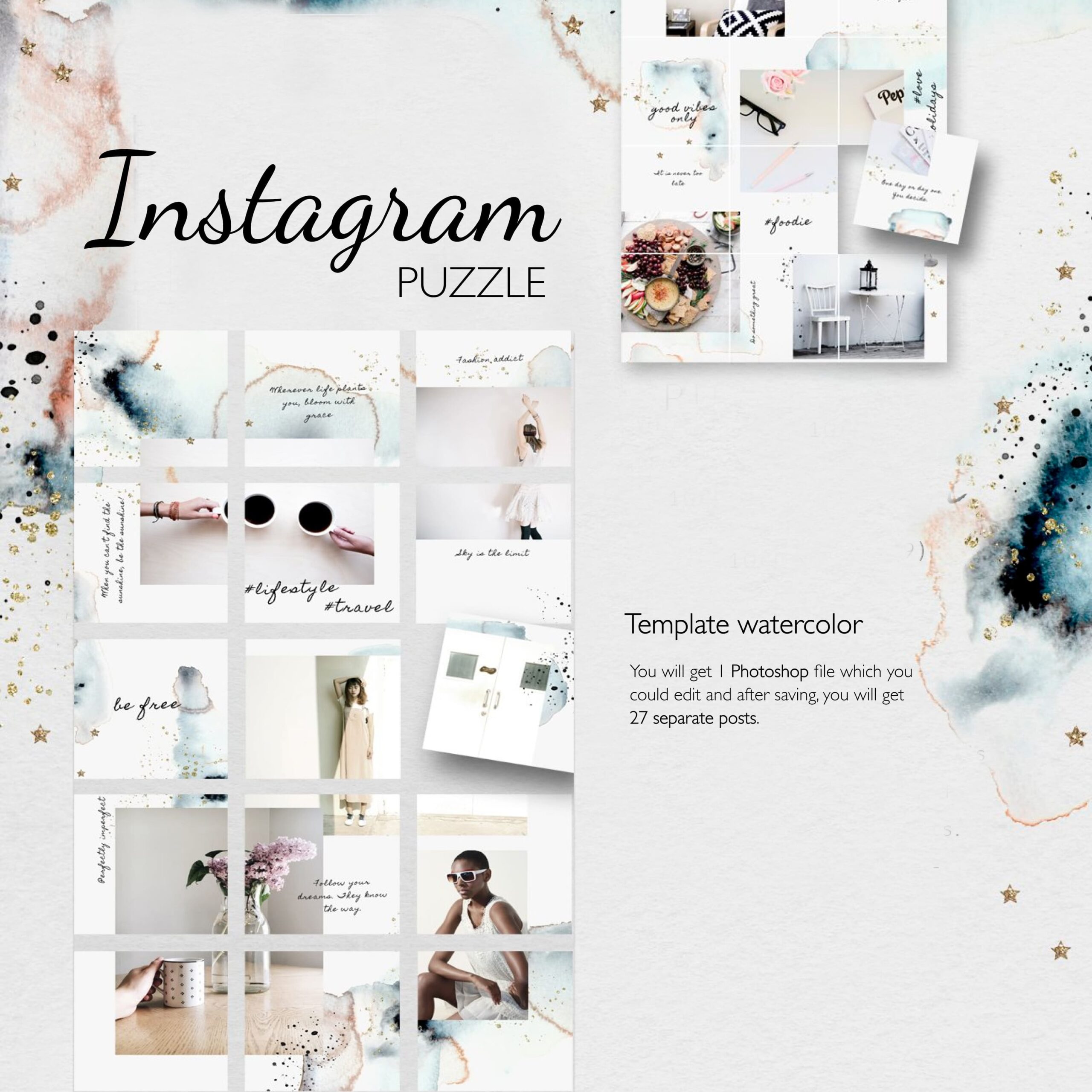 Instagram PUZZLE Template Watercolor MasterBundles