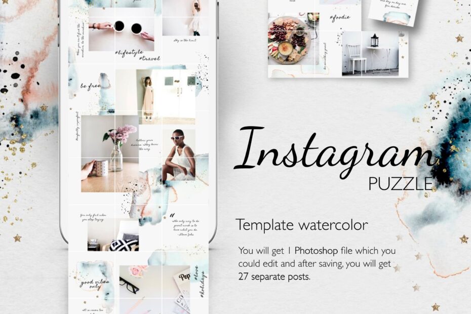 Instagram PUZZLE Template Watercolor MasterBundles