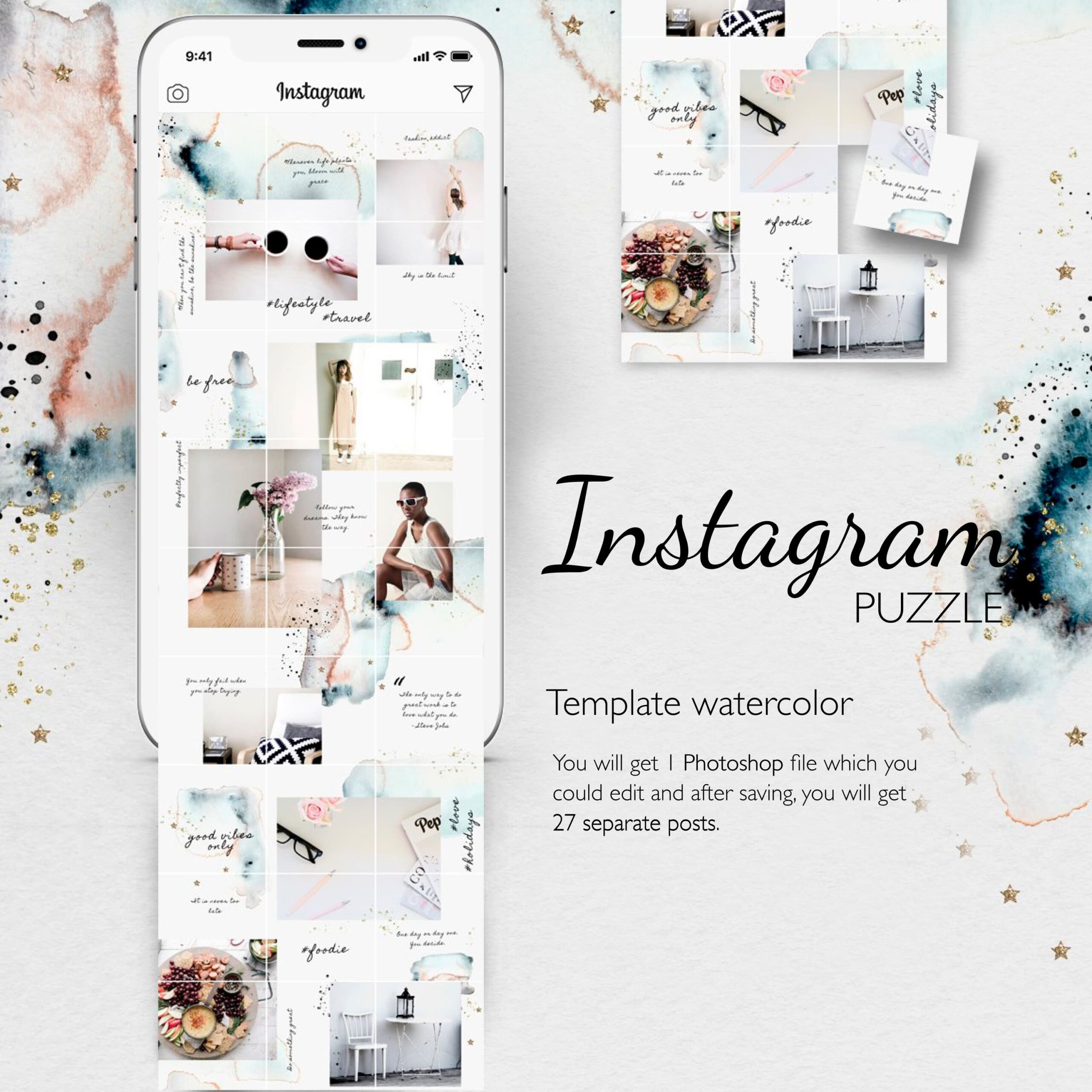 Instagram PUZZLE Template Watercolor MasterBundles
