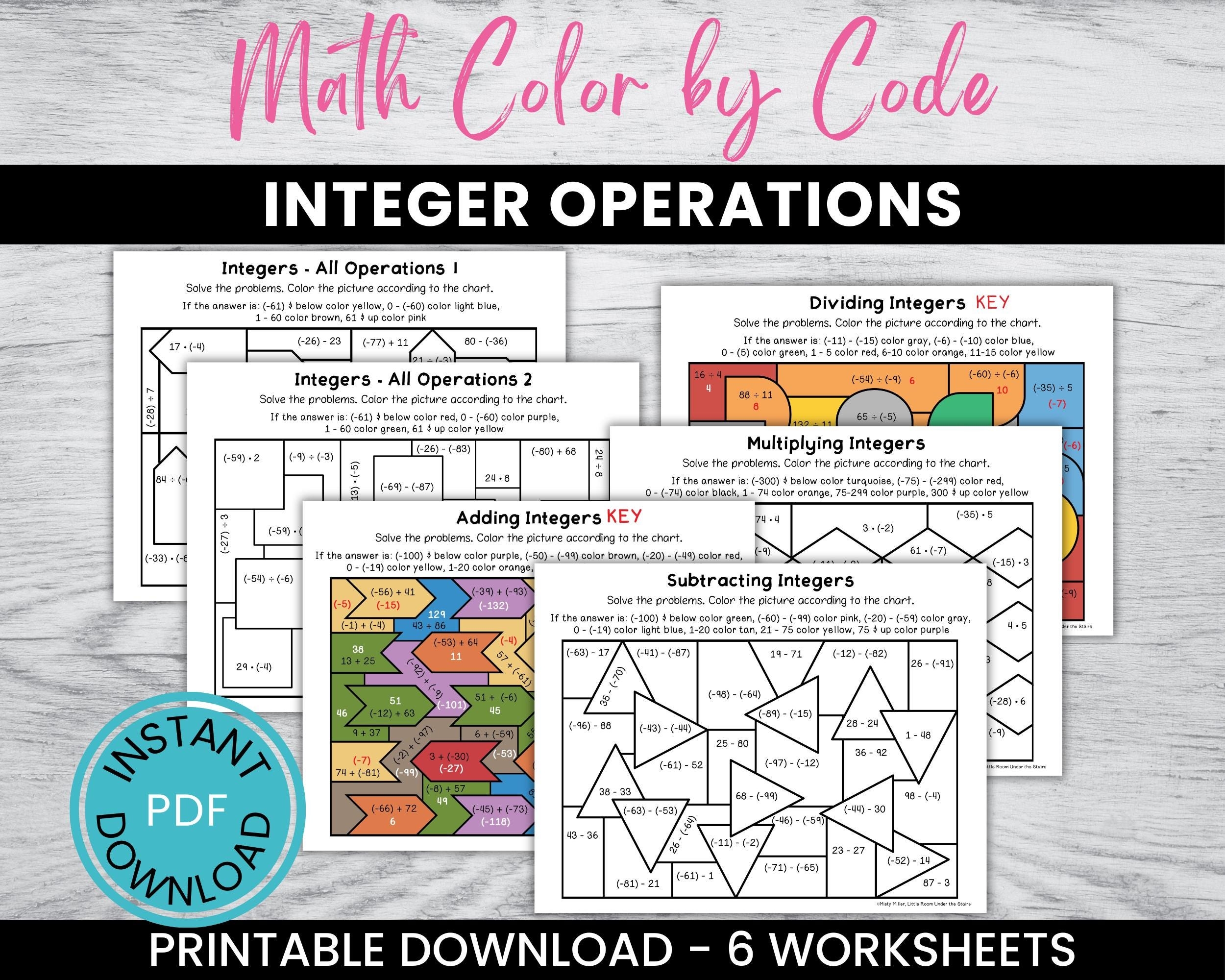 Integer Operations Math Color By Number Pages Worksheets Packet 