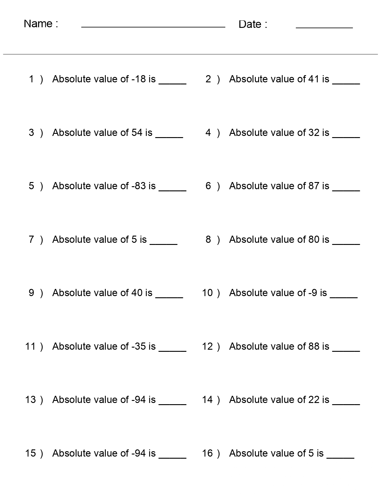 Integers Worksheets Absolute Values Of Integers Worksheets