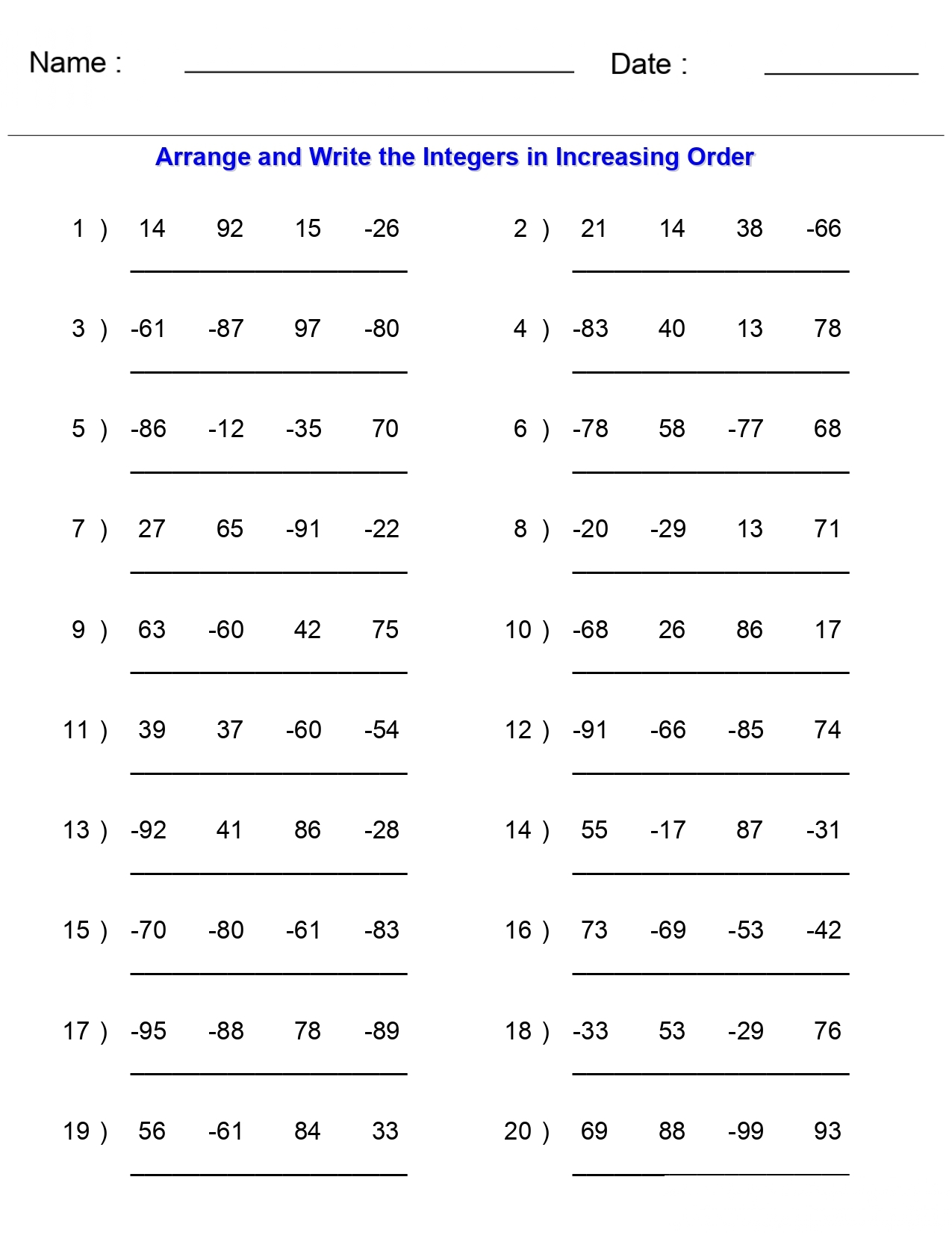 Integers Worksheets Arranging Orders Of Integers Worksheets 