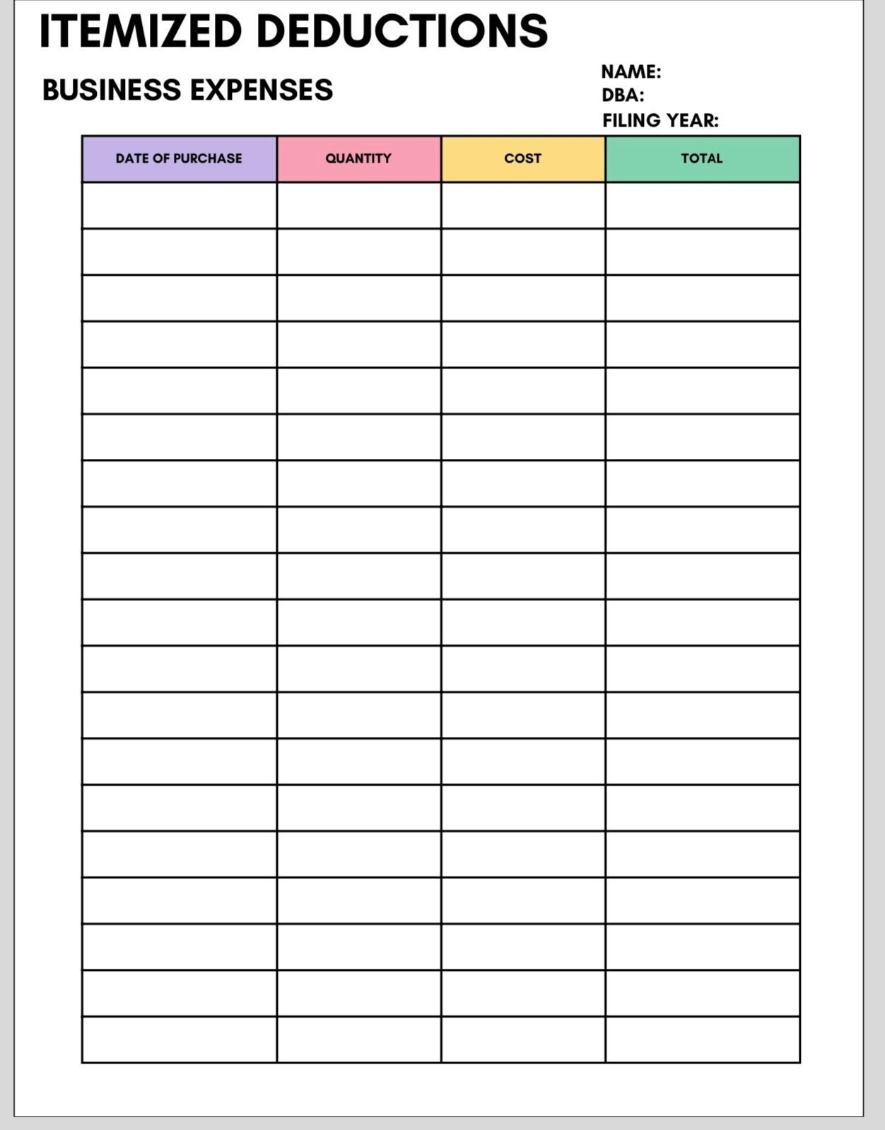 Itemized Deductions For Small Business Template